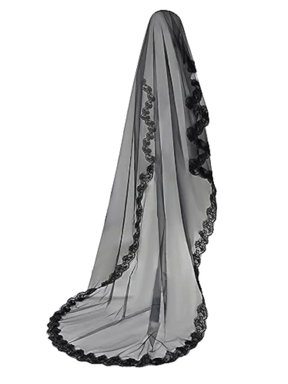 Black Lace Bridal Veil Long Tulle Wedding Shawl Halloween Witch Cos Headdress